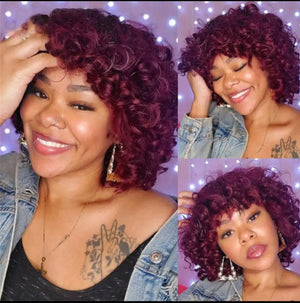 Rose Curly Short Bob Wigs With Bangs Natural Black Fringe Indian hair