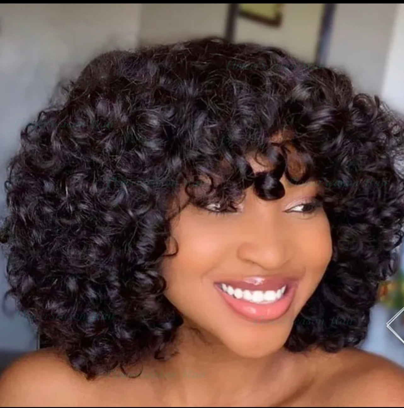 Rose Curly Short Bob Wigs With Bangs Natural Black Fringe Indian hair