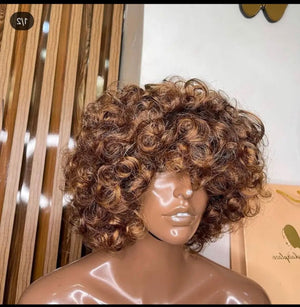 Rose Curly Short Bob Wigs With Bangs Natural Black Fringe Indian hair